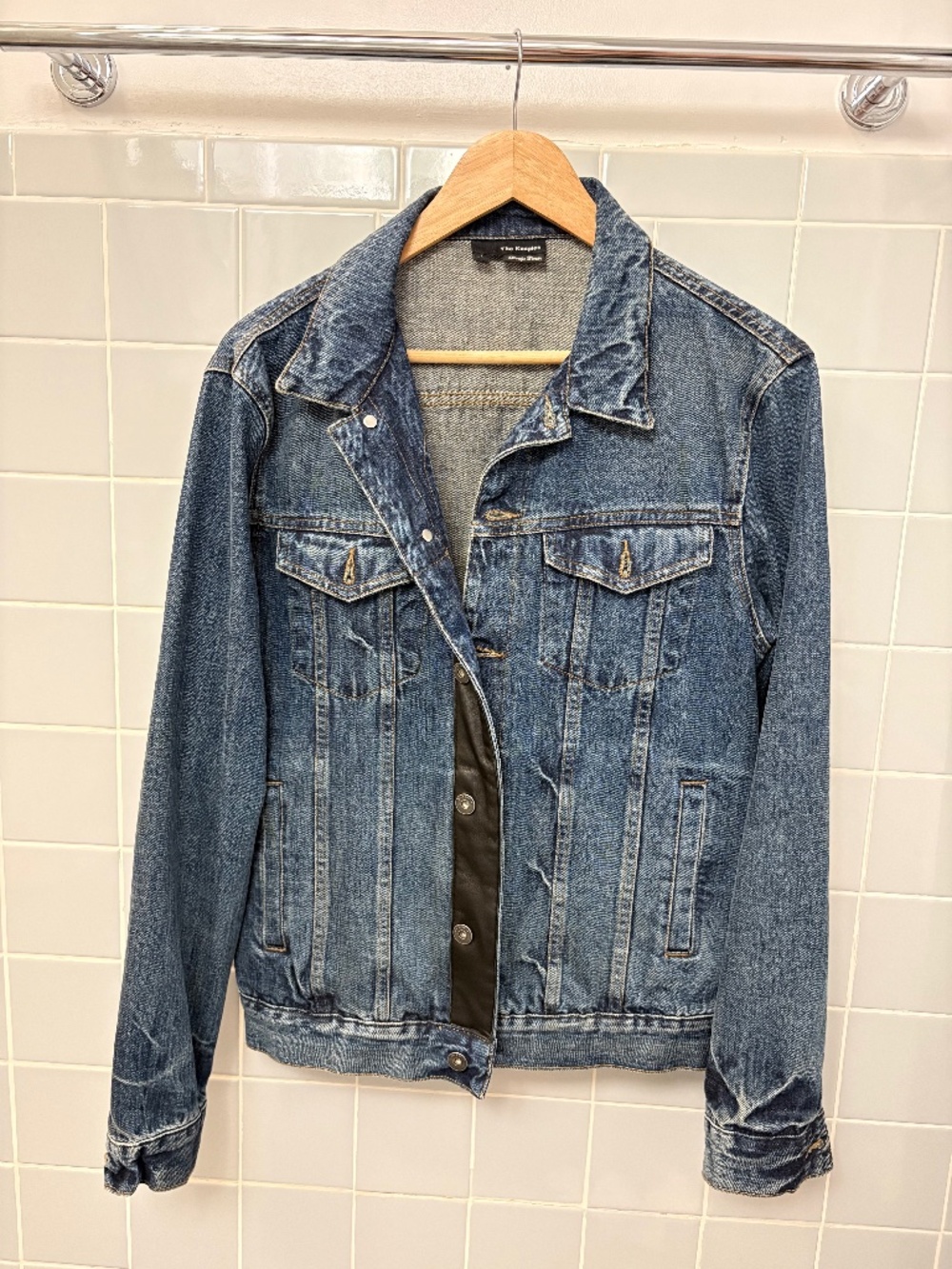 The Kooples Selvedge Denim Jacket with leather detailing, Size L, Blue